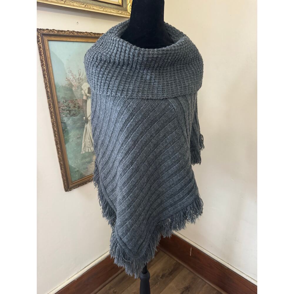Say What Gray Knit Poncho Cowl Neck Fringe Hem Boho Y2K One Size